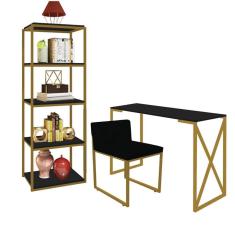 Imagem de Kit Escritório Bex 1 Cadeira Suede Preto com 1 Mesa e 1 Livreiro Ferro Dourado MDF Preto - Ahazzo Móveis