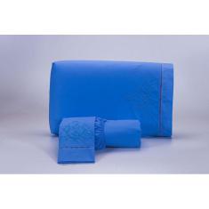 Imagem de Jogo Lençol Casal Super King 3 Peças 200 Fios Azul Algodão