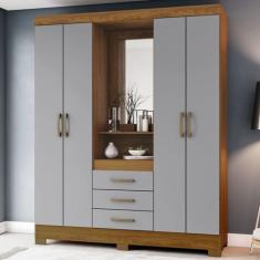 Imagem de Guarda-Roupa Solteiro 4 Portas 3 Gavetas Com Espelho Nature/Cinza - Br