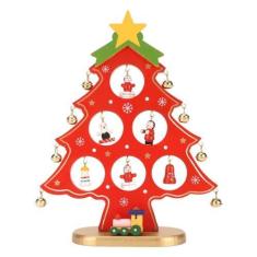 Imagem de Árvore de Natal de madeira, decoração de mesa, árvore de Natal com mini ornamentos para decoração de mesa, ornamento (vermelho)