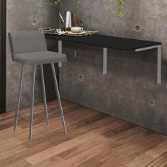 Imagem de Kit Mesa Suspensa de Parede Fixa MDF Preto + 1 Banqueta Lexi Ferro Prata Suede Cinza - Ahazzo Móveis
