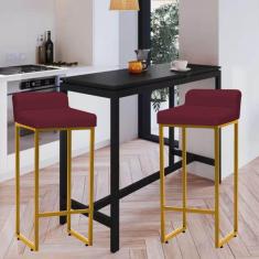 Imagem de Kit 02 Banqueta Alta Mia Com Encosto Cozinha Bistrô Bar Balcão Ferro Dourado Suede Bordô - Ahazzo Móveis