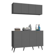 Imagem de Conjunto Lavanderia Retrô Multiuso Armário Aéreo e Balcão 4 Portas Multimóveis Mp5053 Grafite/preto