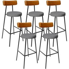 Imagem de Kit 5 Banquetas Alta Bar Cozinha Jantar Milão L02 Couríssimo Whisky Linho Cinza Escuro - Lyam Decor