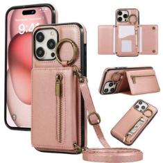 Imagem de Suporte de cartão de anel crossbody com zíper capa de telefone carteira para iPhone 15 Pro Max 14 Plus 13 12 11 XS XR 7 8 SE 2020 2022 Capa de couro, ouro rosa, para iPhone 15 Pro