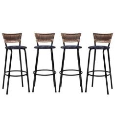 Imagem de Conjunto 4 Banqueta Alta Estrutura Preta Encosto Junco Cappuccino 70cm