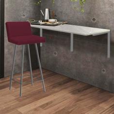 Imagem de Kit Mesa Suspensa de Parede Fixa MDF Marmorizado + 1 Banqueta Lexi Ferro Prata Suede Bordô - Ahazzo Móveis