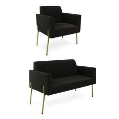 Imagem de Sofá Namoradeira E Poltrona Pé De Ferro Dourado Marisa Suede Preto D03