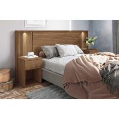 Imagem de Painel Cama Box Madeirado Casal Bourbon c/ 2 Mesas 2 Gavetas e Leds Jatobá - Santos Andirá