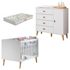 Imagem de Berço Americano Ludmila com Cômoda Infantil Duda Branco Acetinado Bétula e Colchão Gazin - Carolina