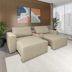 Imagem de Sofá Decorativo Automatizado Shogun 292cm Reclinável 6 Posições Retrátil c/Console Central Entrada USB Bluetooth Linho Bege Escuro G33 - Gran Belo