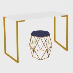 Imagem de Mesa Ley Industrial Escritório e Home Office com Puff Luna Suede Azul Marinho Dourado Tampo Branco - Ahz Móveis