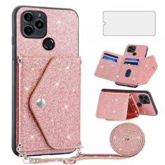 Imagem de Asuwish Capa de telefone para BLU G91s capa carteira com protetor de tela de vidro temperado e alça transversal cordão Bling Glitter suporte para cartão de crédito acessórios para celular azul G 91s