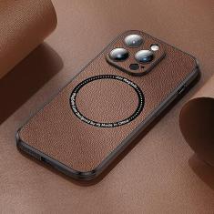 Imagem de Capa de telefone de couro de carregamento sem fio magnético para iphone 14 13 12 11 pro max com lente proteger capa de celular escudo, marrom, para iphone 11