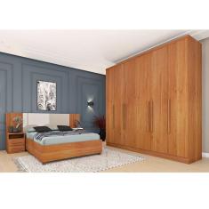 Imagem de Quarto Casal Completo Roupeiro Veneza 4 Gavetas, Cama Casal Mônaco e Painel Ripado 4 Gavetas Cinamomo