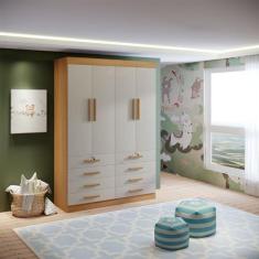 Imagem de Guarda-Roupa Infantil 4 Portas Frente MDF Puxador de Madeira Aquarela Cinamomo/Off White