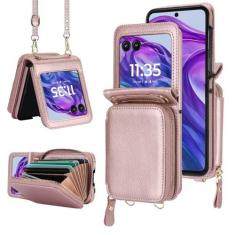 Imagem de Asuwish Capa de telefone para Motorola Razr 2024/Moto Razr 50 capa carteira com suporte para cartão de crédito slot com zíper alça transversal cordão de bloqueio RFID bolsa fina Razr2024 5G mulheres