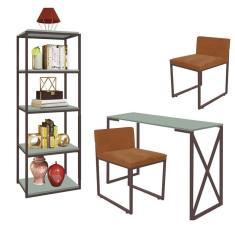 Imagem de Kit Escritório Bex 2 Cadeiras Suede Terracota com 1 Mesa e 1 Livreiro Ferro Marrom MDF Verde Oliva - Ahazzo Móveis