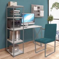 Imagem de Kit Escritório Mesa Max BeX 5 Prateleiras e Cadeira Stan Prata Tampo Branco Suede Azul Turquesa - Ahz Móveis