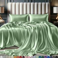 Imagem de DECOLURE Conjunto de cama queen size de lençóis de cetim 4 peças - lençóis de cetim elegantes com bolso profundo de 38 cm - hipoalergênico, costura dupla, sem rugas - Roupa de cama de cetim sedosa e