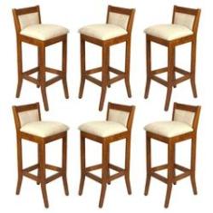 Imagem de Kit 6 Banquetas Estofadas Alta Lucca 38 Cm Pés Madeira Maciça Imbuia Para Bancada Bar L62 - RMI