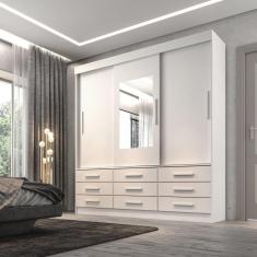 Imagem de Guarda Roupa Casal 3 Portas 9 Gavetas com Espelho Luana Sallêto Móveis Branco
