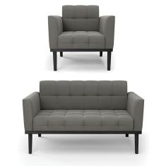 Imagem de Sofá Namoradeira E Poltrona Base De Madeira Preto Elisa Suede Grafite D03 - D'rossi