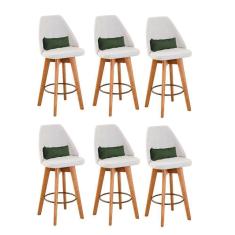 Imagem de Kit 06 Banquetas Alta Maya Giratória Com Encosto Linho Bege Claro e Almofada Suede Verde Musgo - Aurora Line