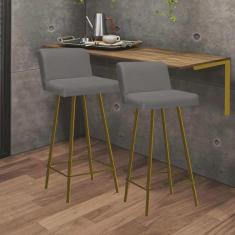 Imagem de Kit Mesa Suspensa de Parede Fixa mdf Caramelo + 2 Banquetas Lexi Ferro Dourado Sintético Cinza - Ahazzo Móveis