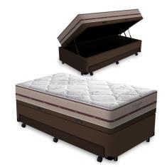 Imagem de Cama Box Baú e Auxiliar Solteiro Marrom + Colchão de Molas Ensacadas - Anjos - Classic - 88x188x64cm
