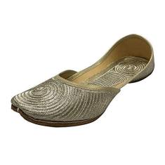 Imagem de Stop n Style Tênis feminino dourado Zari Work Punjabi Jutti étnico Mojari feito à mão Rajasthani Gold Juti, Dourado, 40