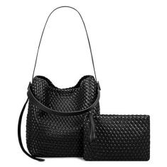 Imagem de DSGUTWO Bolsa feminina de couro vegano, bolsa de ombro com alça superior e bolsas, Preto