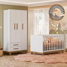 Imagem de Quarto de Bebê Qencanto Slim com Roupeiro 4340 e Berço 4315 Qmovi Branco Acetinado + Colchão Gazin