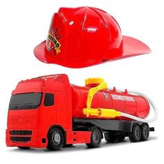 Imagem de Caminhão de Tanque Resgate Joga Àgua + Chapéu Capacete Bombeiros Infantil