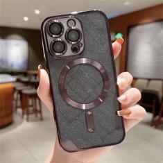 Imagem de Com protetor de lente capa de telefone galvanizada para iPhone 15 14 11 12 13 Pro Max para capa de glitter para carga sem fio, preta, para iphone12Pr omax