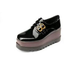 Imagem de Tênis feminino plataforma Oxford clássico couro envernizado PU bico quadrado com cadarço casual, B - preto, 38