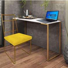 Imagem de Kit Escritório Stark Cadeira e Mesa Industrial Ferro Dourado Tampo MDF Branco Sintético Amarelo - Ahz Móveis