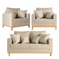 Imagem de Kit Sofá Beny 140cm + 2 Poltronas Base de Madeira Linho - Topazio Deco