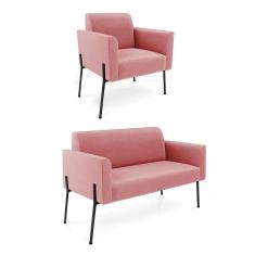 Imagem de Sofá Namoradeira E Poltrona Pé De Ferro Preto Marisa Suede D03 - D`rossi Cor Rose