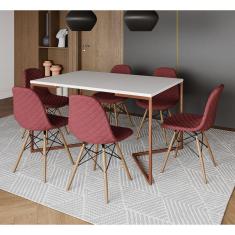 Imagem de Mesa Industrial Retangular Branca Base V Cobre 137x90cm com 6 Cadeiras Madeira Estofadas Vermelhas