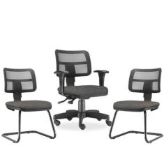 Imagem de Kit Cadeira De Escritório Giratória E 02 Cadeiras Fixas Zip Linho Cinz