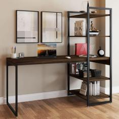 Imagem de Mesa Escrivaninha Flex Industrial Aço 4 Prateleiras Carvalho Dark/preto - Panorama Móveis