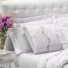 Imagem de Jogo de Cama Queen 200 Fios Bordado Bouquet Branco Casaborda Enxováis 6 Peças