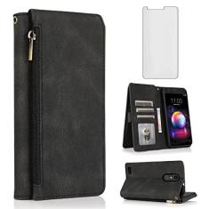 Imagem de Compatível com LG K30 2018/Premier Pro LTE/Phoenix Plus/Harmony 2/K10/K11/Xpression Capa carteira de vidro temperado protetor de tela com zíper couro flip capa porta-cartões para LGK30 K 30 30K LMX410