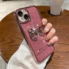 Imagem de Luxo quadrado chapeamento bowknot glitter caso para iphone 13 12 11 pro max à prova de choque transparente bonito capa, rosa, para iphone 13 pro