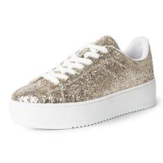 Imagem de J. Adams Hero Platform Tênis feminino casual com cadarço moderno, Glitter dourado fino, 38