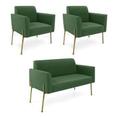 Imagem de Sofá Namoradeira E 2 Poltronas Pé De Ferro Dourado Marisa Suede Verde D03