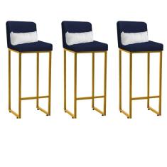 Imagem de Kit 03 Banqueta Alta com Encosto Lucca Industrial Cozinha Balcão Ferro Dourado Corino Azul Marinho e Almofada Branco - Ahazzo Móveis