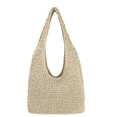 Imagem de Bolsa feminina grande de palha para praia feita à mão, bolsa Hobo, bolsa de mão para o verão, Bege, One Size