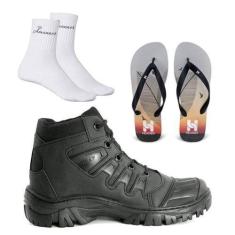 Imagem de Kit Bota Coturno De Motociclistas E Chinelo Meias Casual Leve Tenis Pr